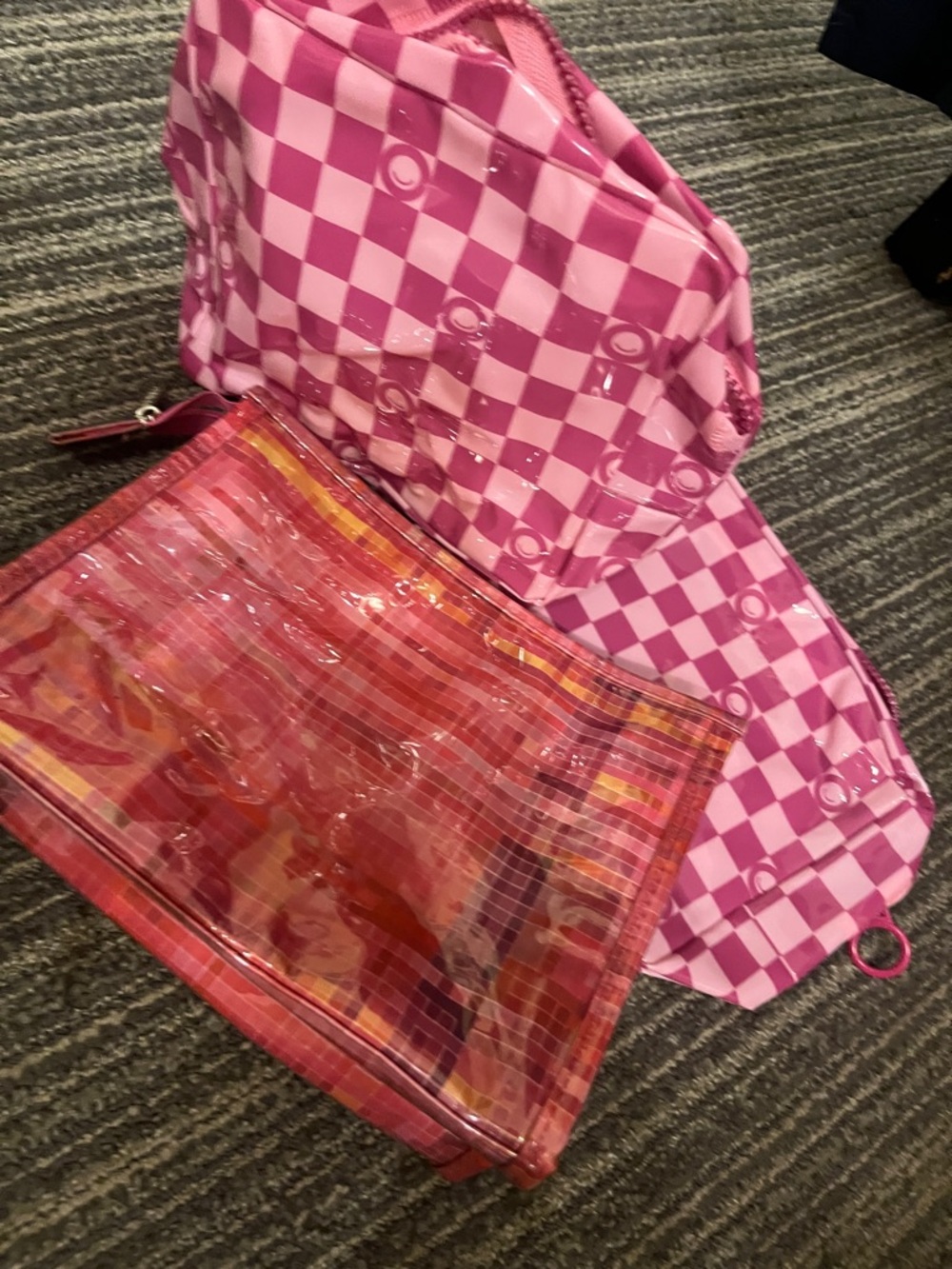 Clinique Pink Checkerboard Vinyl Travel Pouch Set 3 pc mixed lot